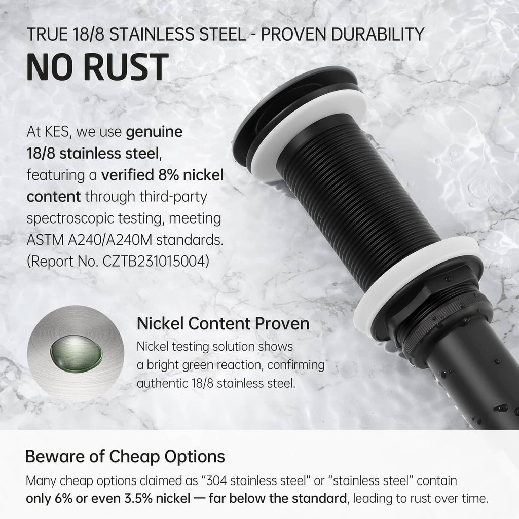 Matte black pop-up sink drain made from 18/8 stainless steel for rust resistance