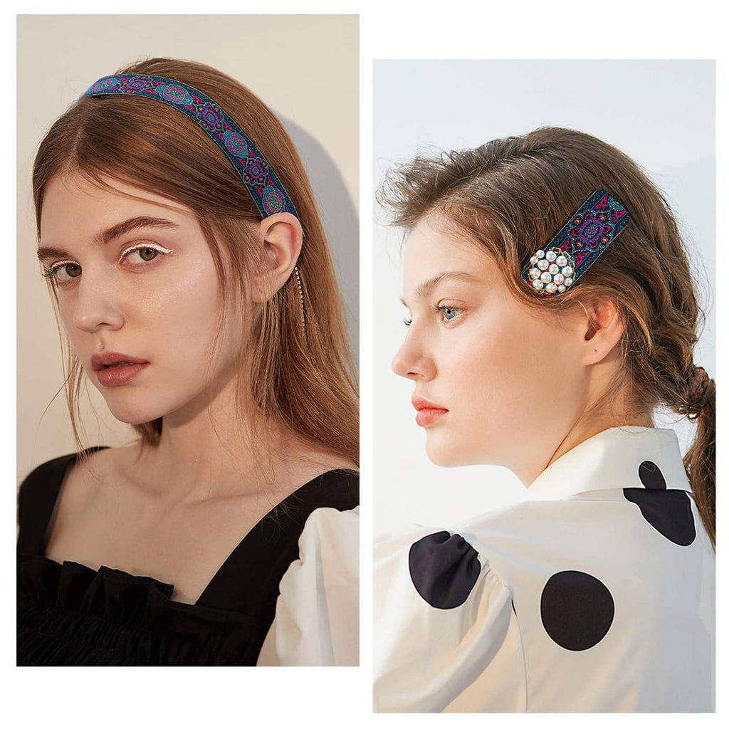 Embroidered jacquard ribbon headband on model hair, teal and magenta floral band