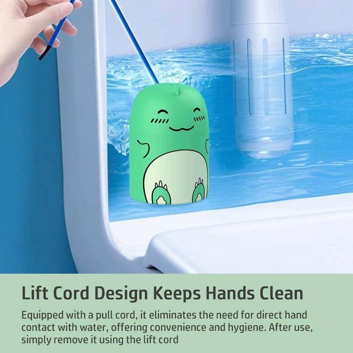 Mint green dinosaur toilet tank cleaner bottle with smiling face on toilet rim