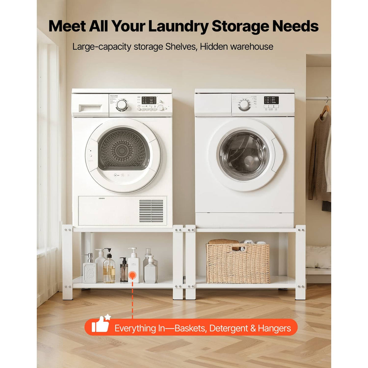 White washer pedestal with wide storage shelves for organizing laundry supplies