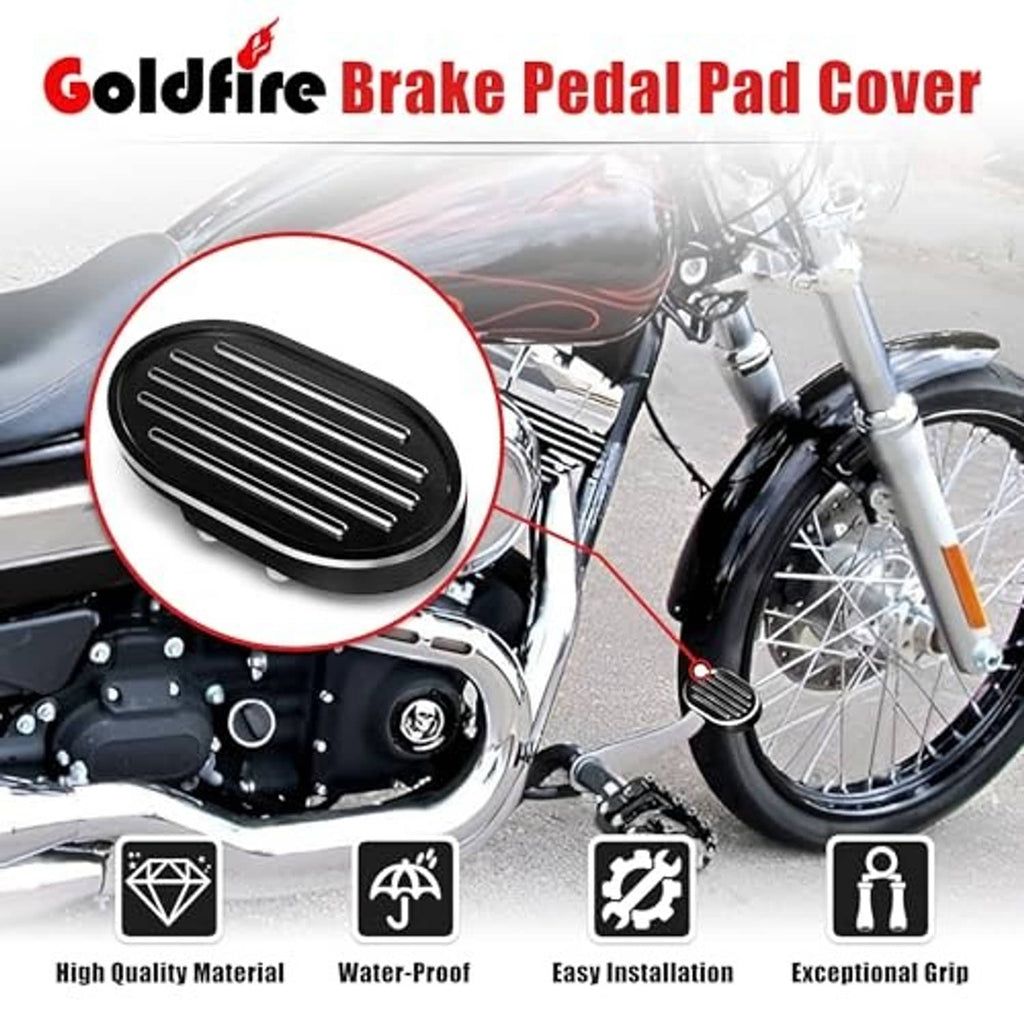 Black oval brake pedal pad cover with long horizontal grooves and silver edge trim