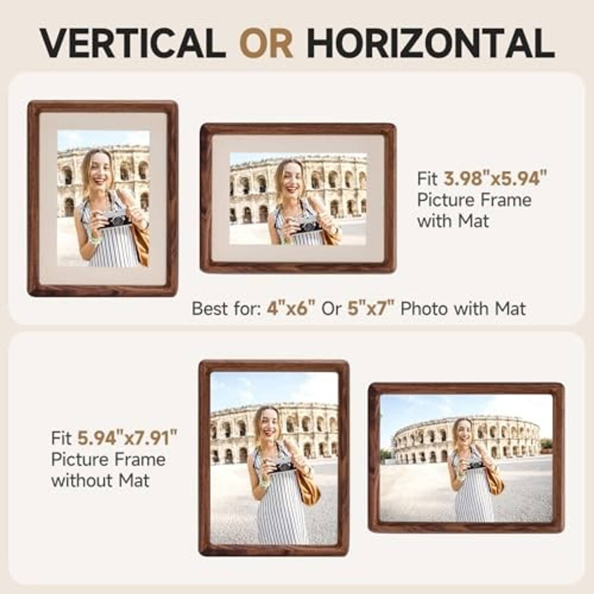 Brown walnut wood picture frame shown in vertical and horizontal styles