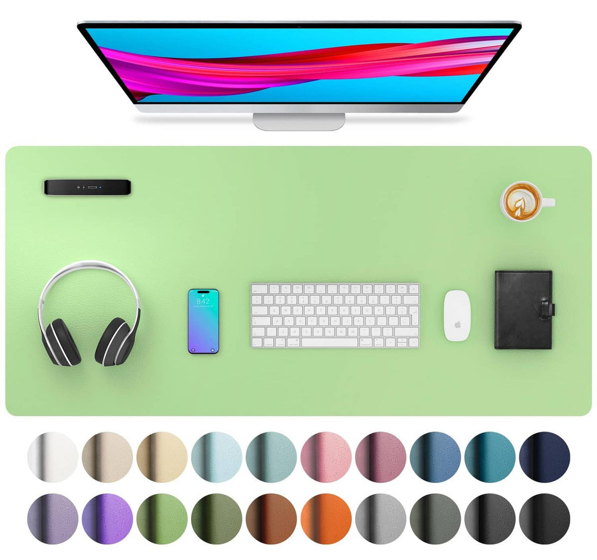 Foam green PU leather desk pad protector for mouse and desk, rectangular