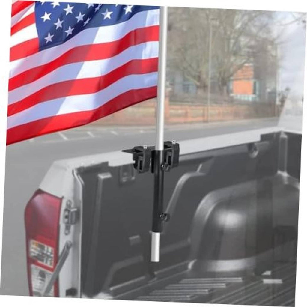 No-drill side flag pole mount kit with black clamp bracket on truck bed