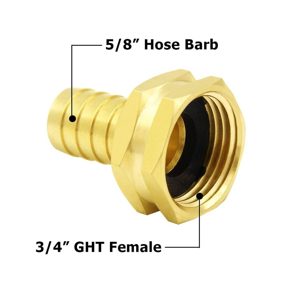 Brass garden hose adapter with 5/8 hose barb and 3/4 GHT female