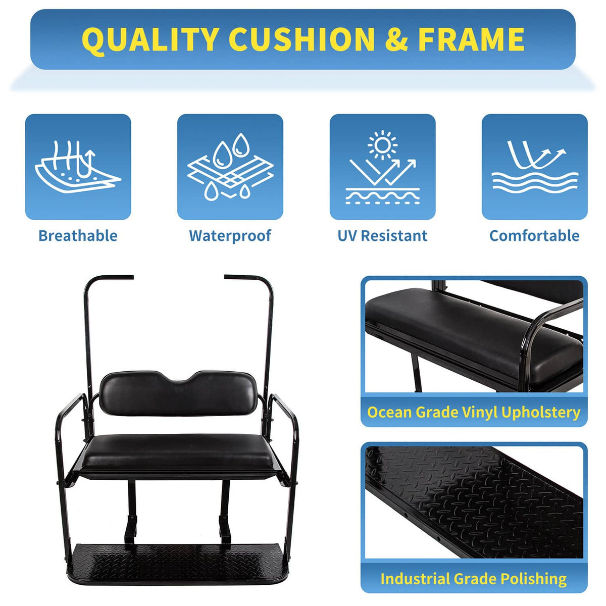 Black folding rear seat cushion pad with roof support and textured industrial-grade platform