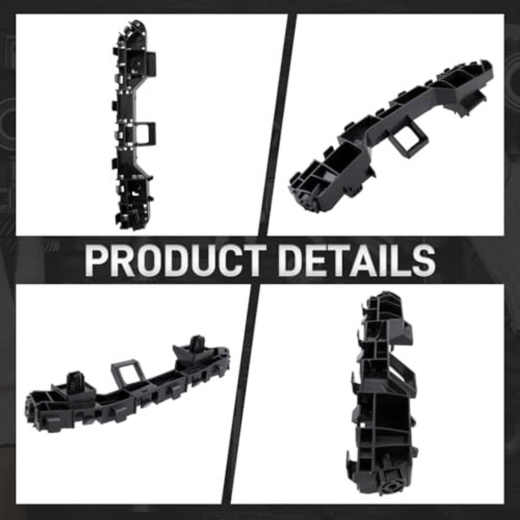 Black plastic bumper cover support bracket shown from multiple angles with mounting points