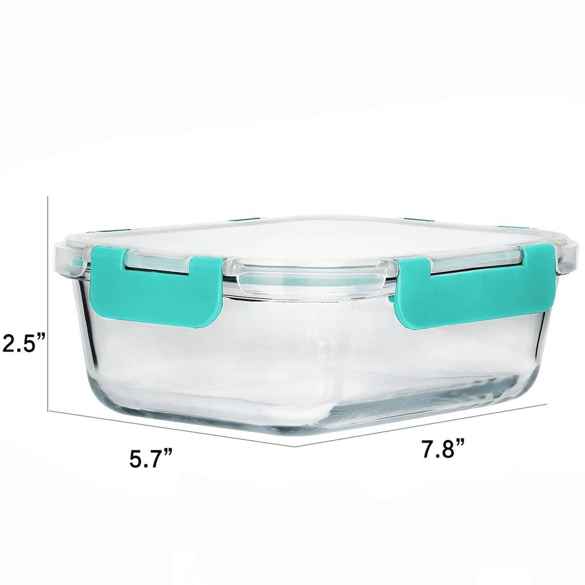 Rectangular clear glass meal prep container with teal lid and silicone seal