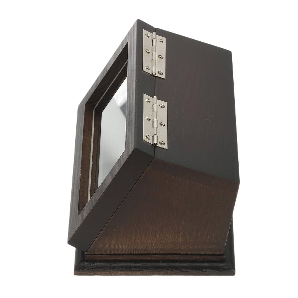 Brown coin display case with hinged back and metal hinges, open side view