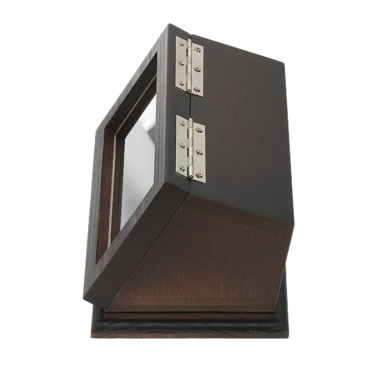 Brown coin display case with hinged back and metal hinges, open side view