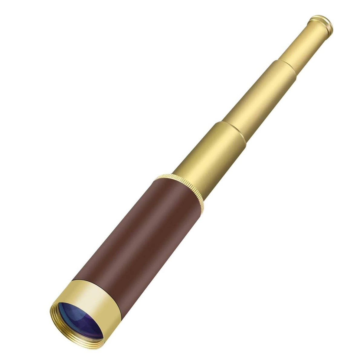 Handheld pirate monocular telescope, gold tube with dark maroon grip