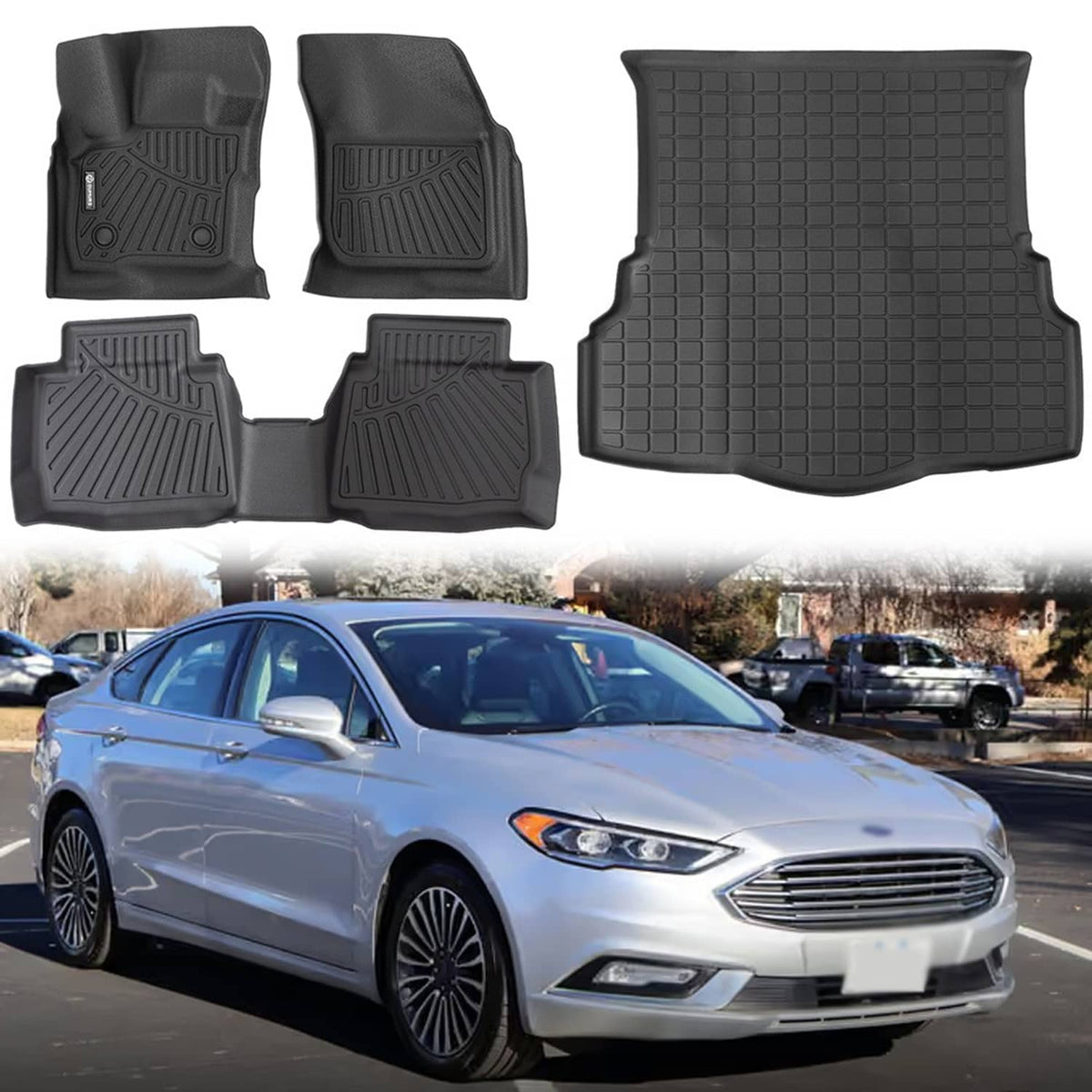 Black fitted rubber floor mats set with front and rear mats plus trunk liner, textured surface