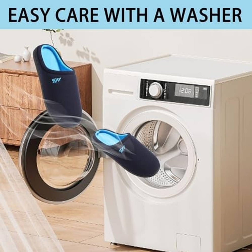 Navy slip-on slippers with blue lining shown near a washing machine for care