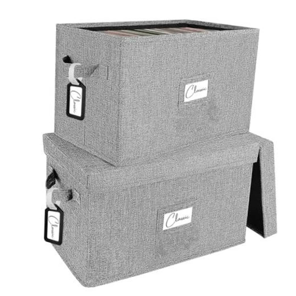 Two-pack grey fabric vinyl record storage boxes with foldable front handles