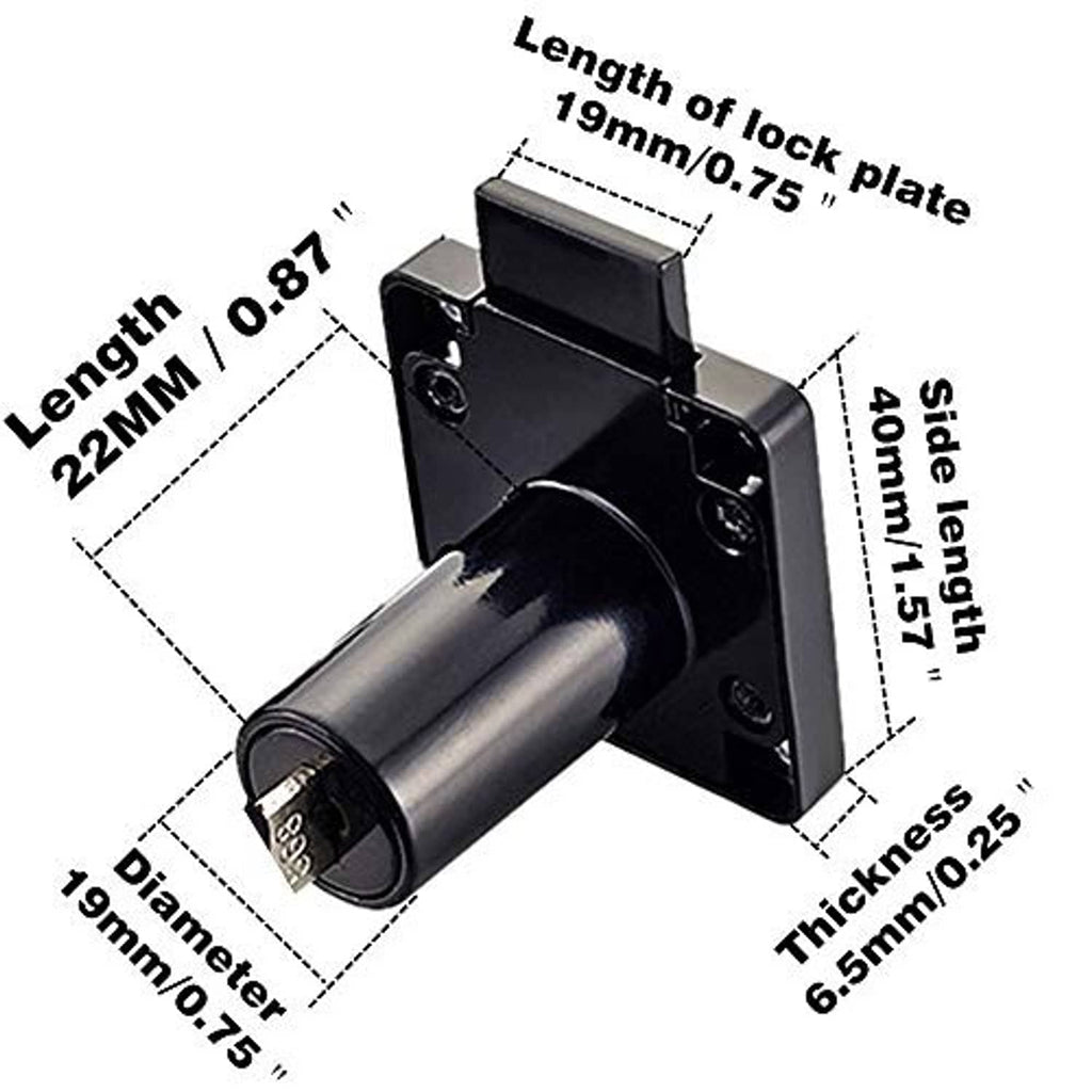 Black lock latch with side mounting plate, shown with size measurements