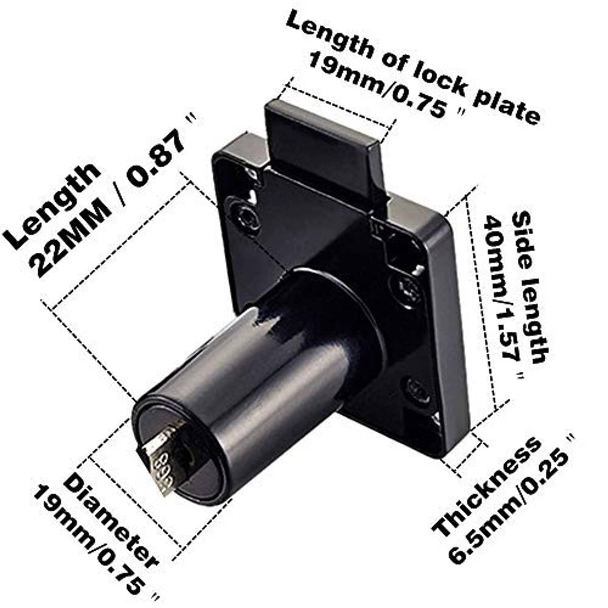 Black lock latch with side mounting plate, shown with size measurements