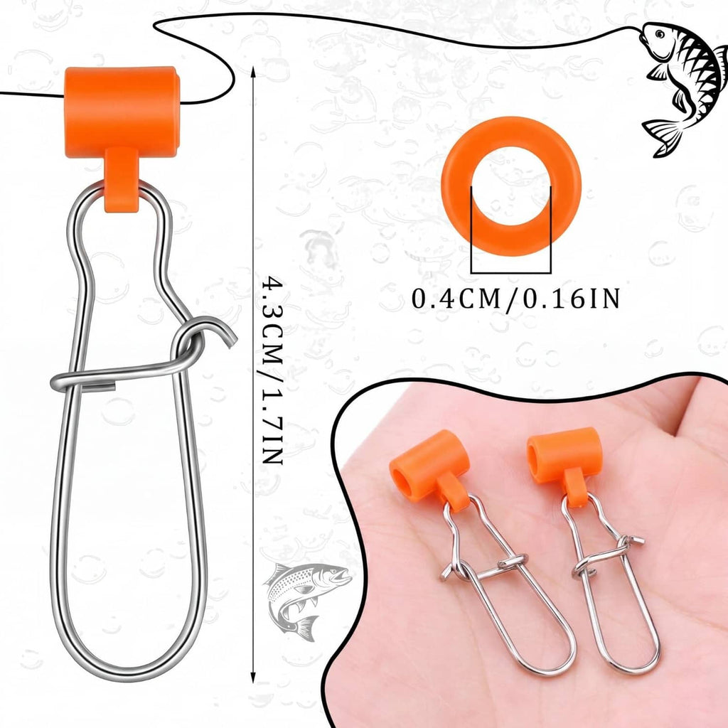 Orange snap clip sinker slide with metal hook, shown with size markings