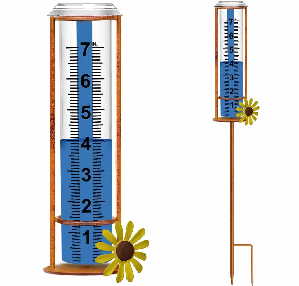 Outdoor three-section rain gauge with blue measurement tube and brown stand