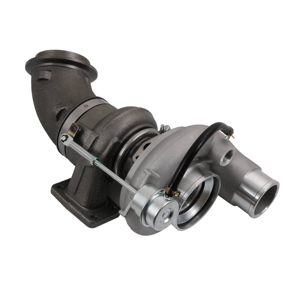 Turbocharger with compressor housing, V-band style clamp, and connected intake outlet