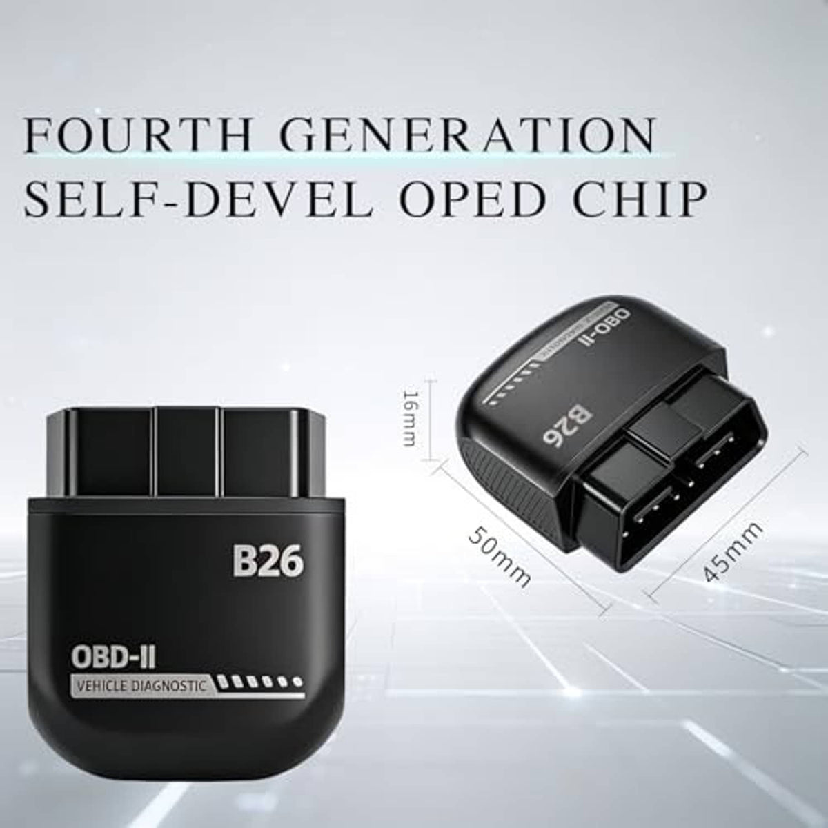 B26 OBD-II Bluetooth scanner device in black with OBD plug shown