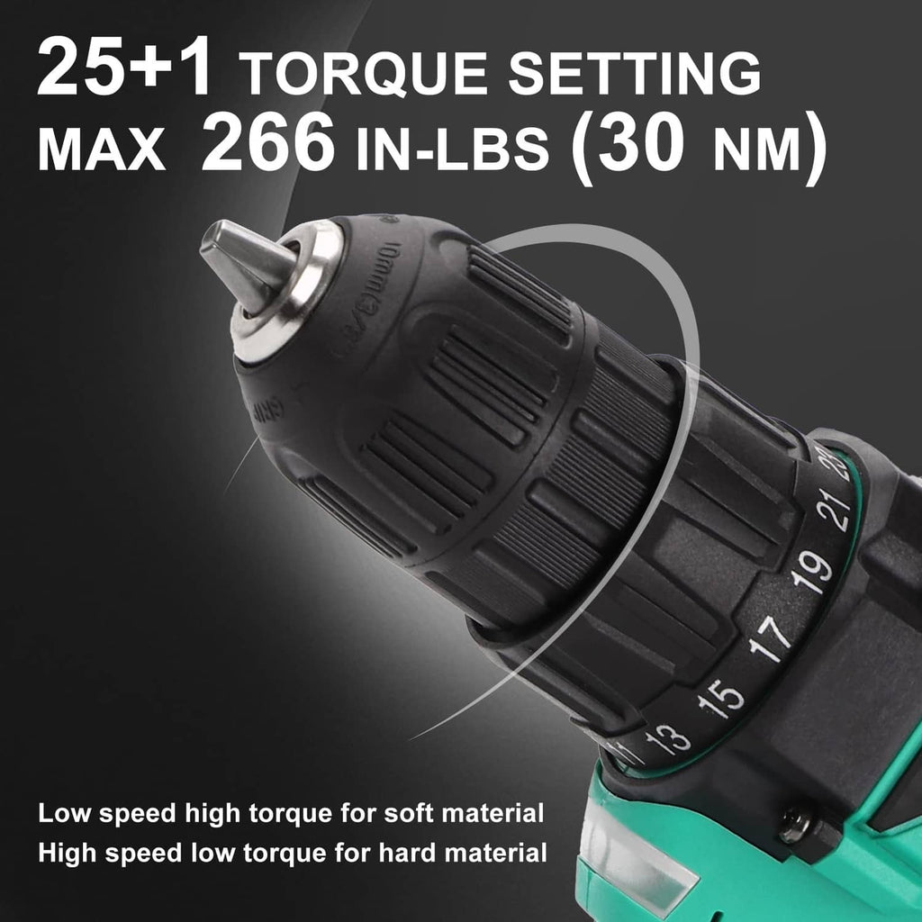 Cordless drill torque setting collar, black grip with teal accents close-up