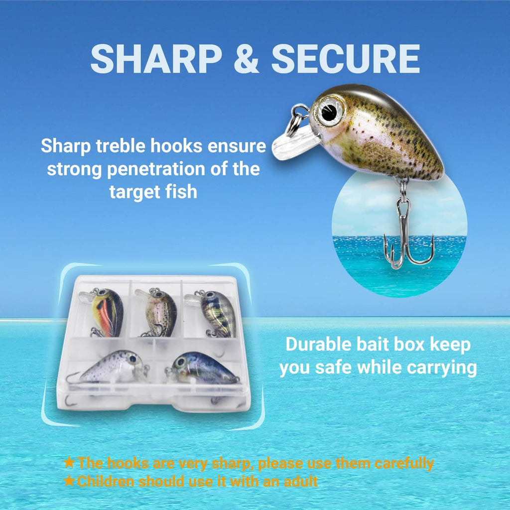 Micro crankbait lure with speckled minnow body plus clear tackle box holding lures