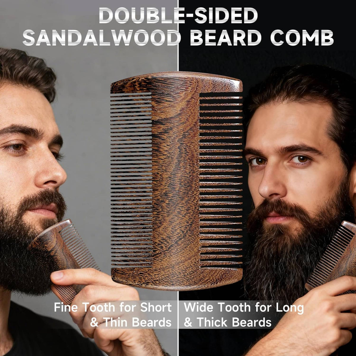 Double-sided wooden beard comb with fine and wide teeth