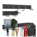 Black wall-mounted tool organizer rack with storage bins and curved hooks