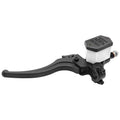 Front brake master cylinder with black lever, white reservoir, and banjo fitting