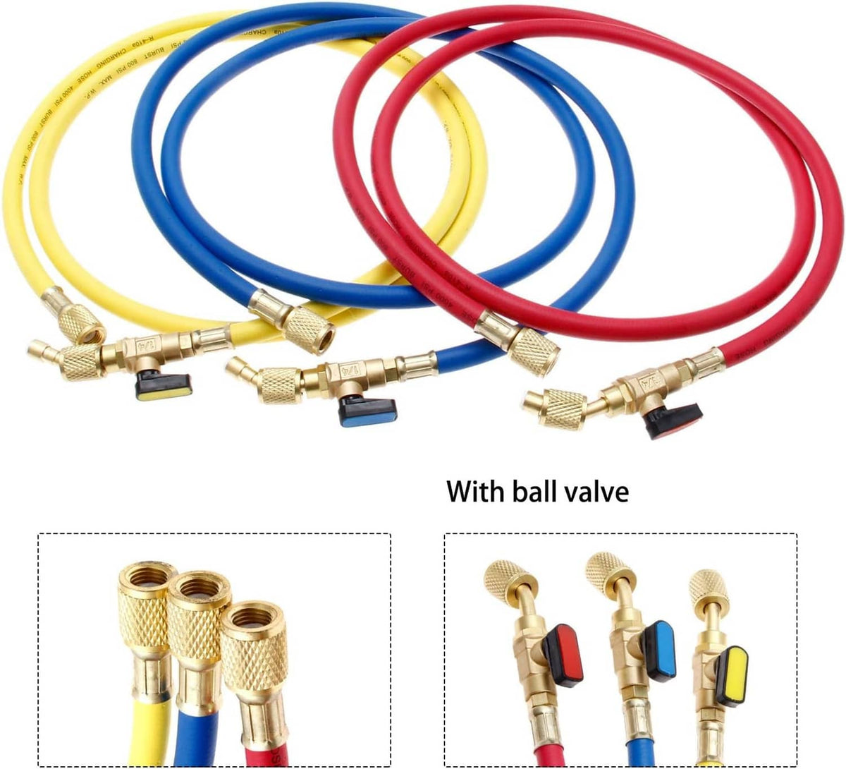 Color-coded refrigerant charging hose set with brass ball valves, yellow/blue/red lines