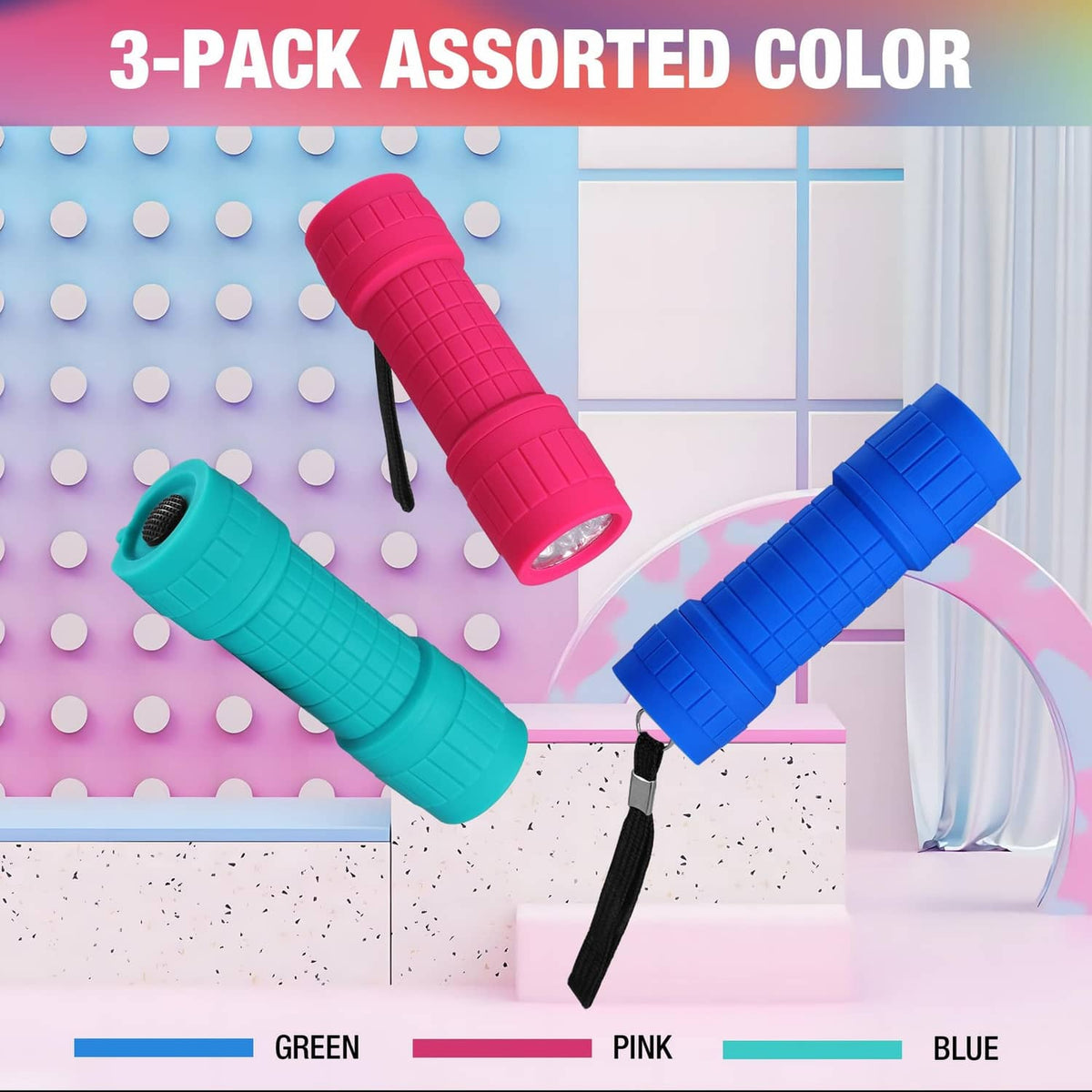 3-pack assorted color UV blacklight flashlights: green, pink, and blue cylindrical designs