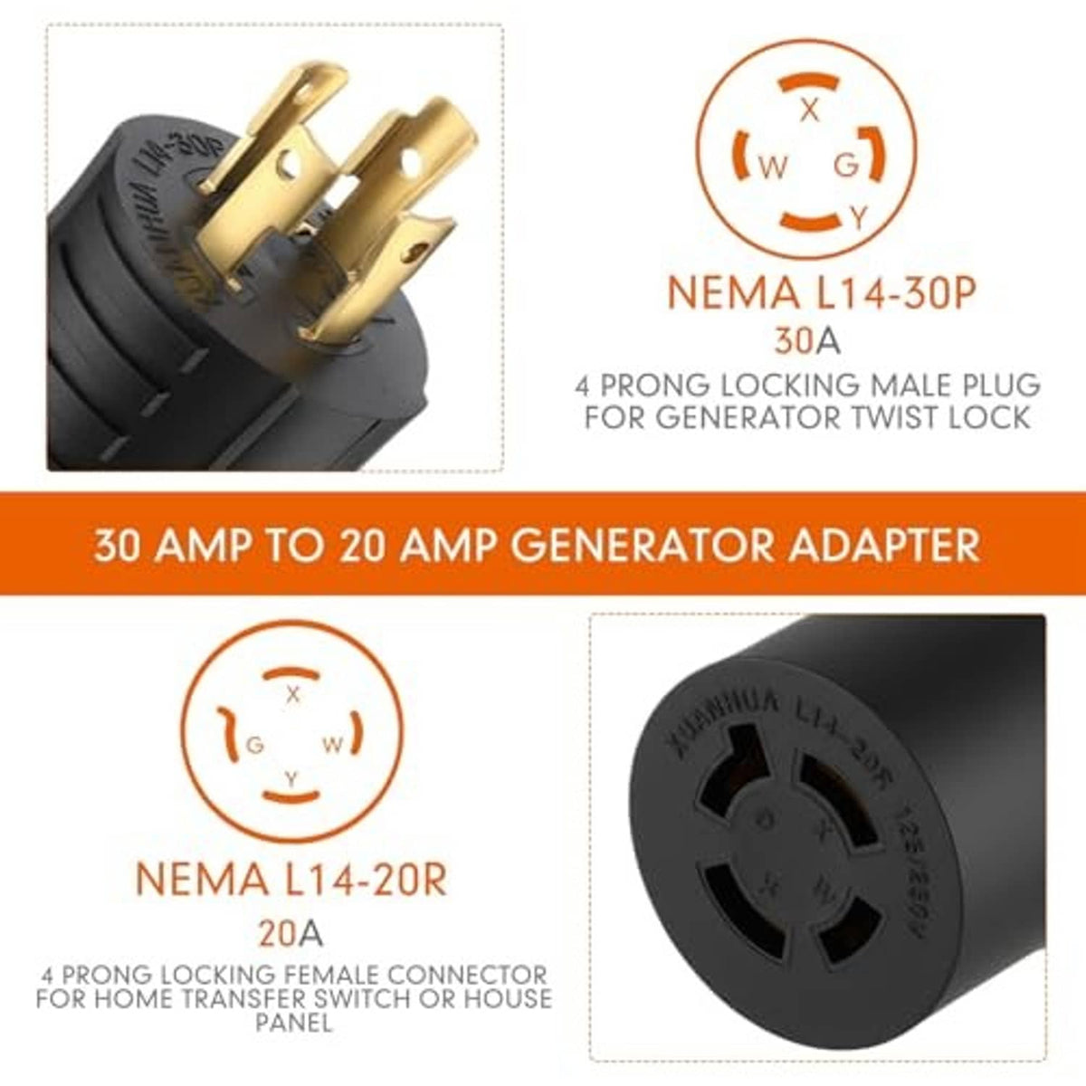 NEMA generator adapter 30A to 20A with 4-prong locking plug and twist-lock connector
