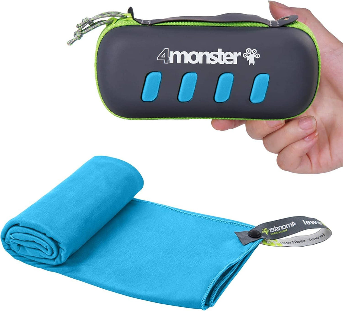 Blue microfiber camping towel rolled with compact zip pouch, held by hand