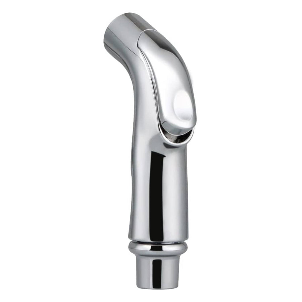 Chrome sink spray attachment side view with curved spout and flared head