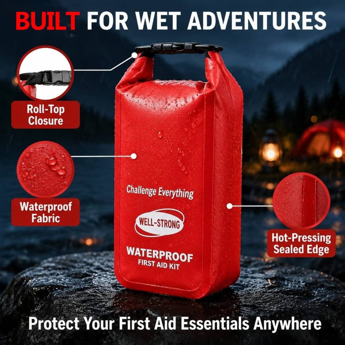 Red waterproof first aid kit roll-top bag with waterproof fabric design