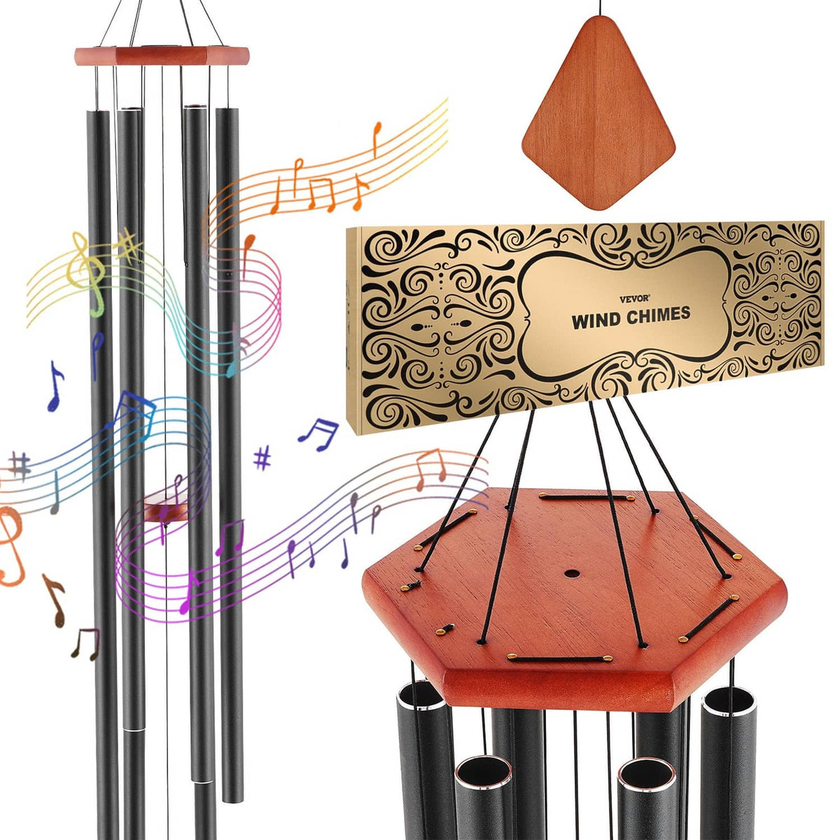 60-inch aluminum wind chime with four tubes and a wooden diamond tone piece