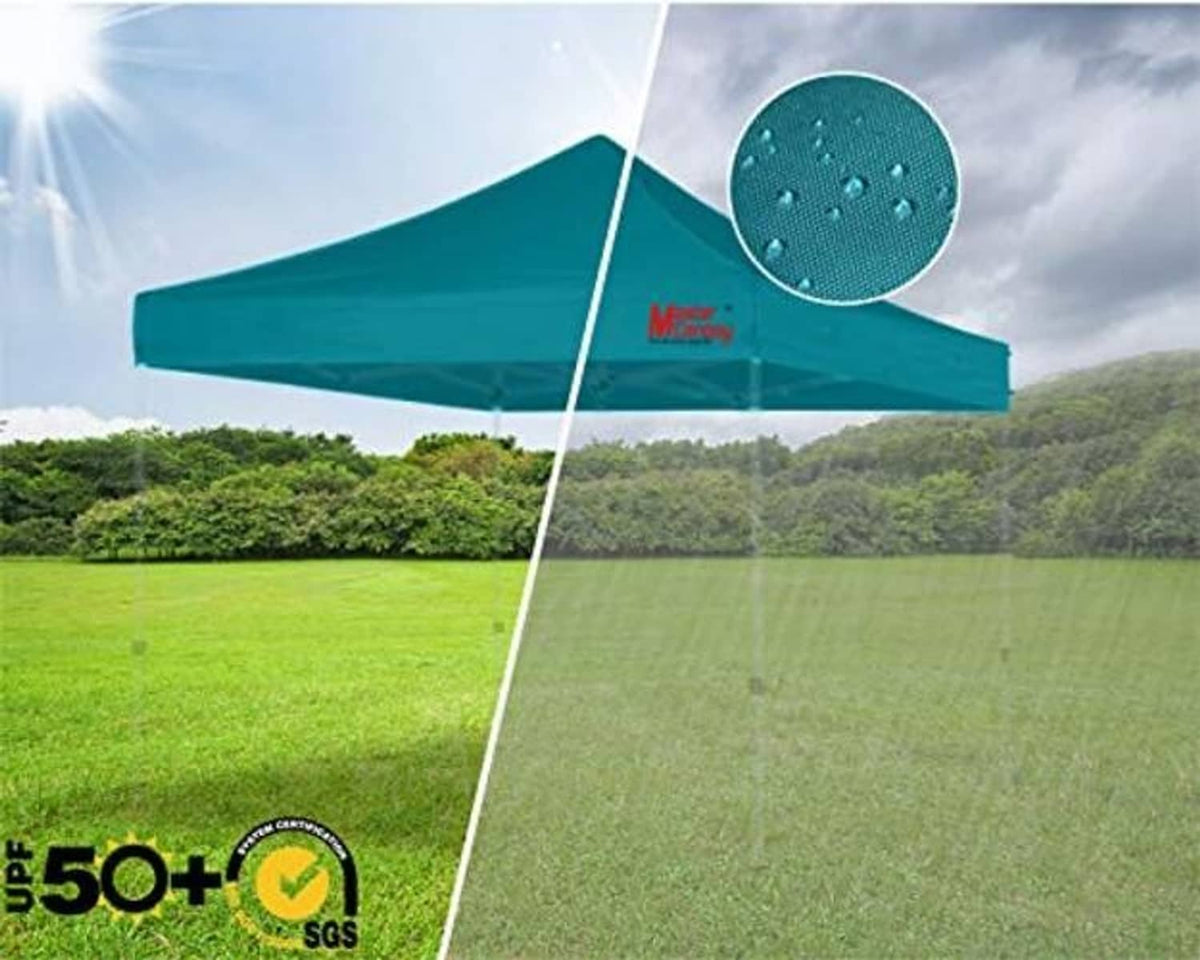 Turquoise canopy top with peak, rain-dotted fabric texture detail and tent frame poles