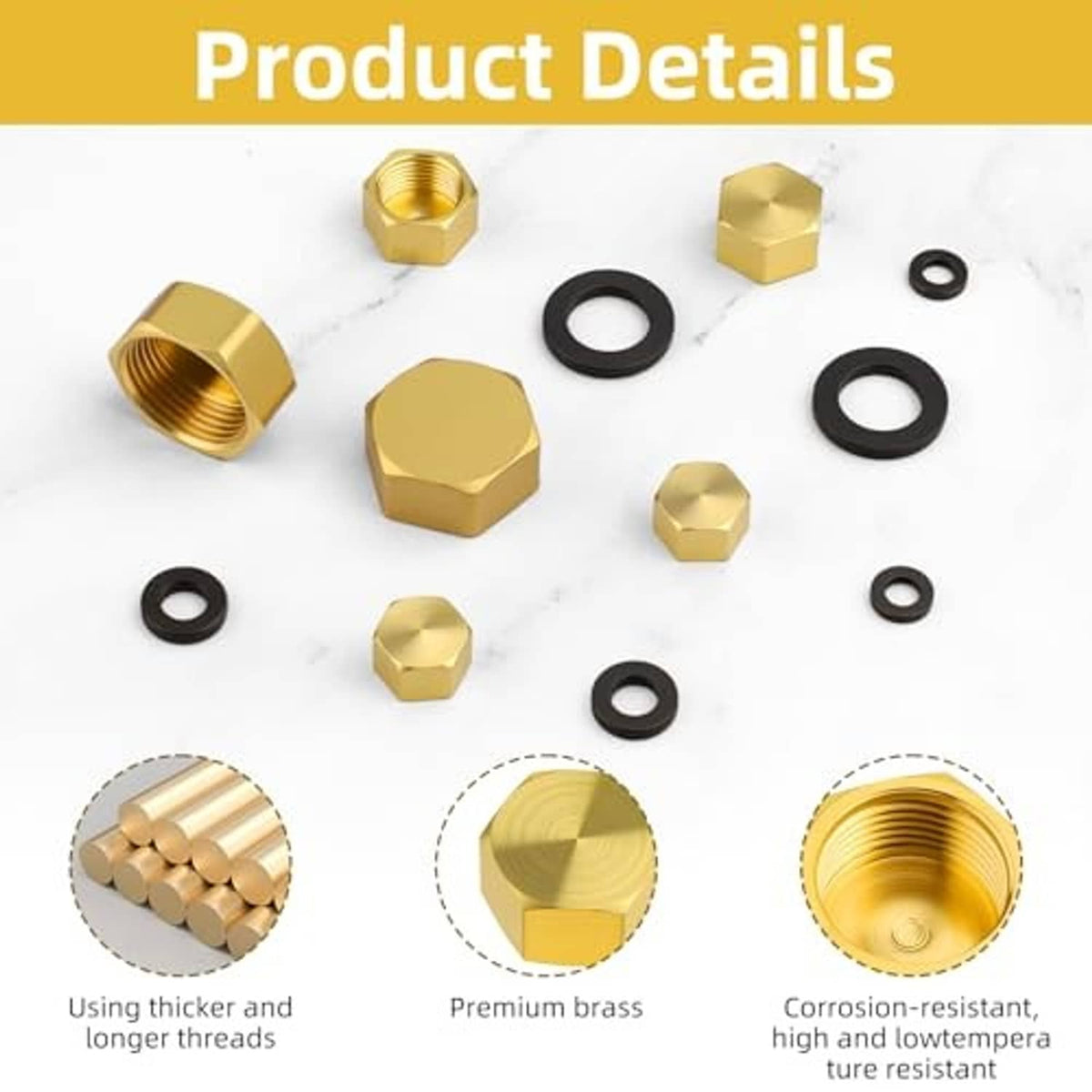 Brass hex pipe caps with black rubber gasket rings, close-up detail