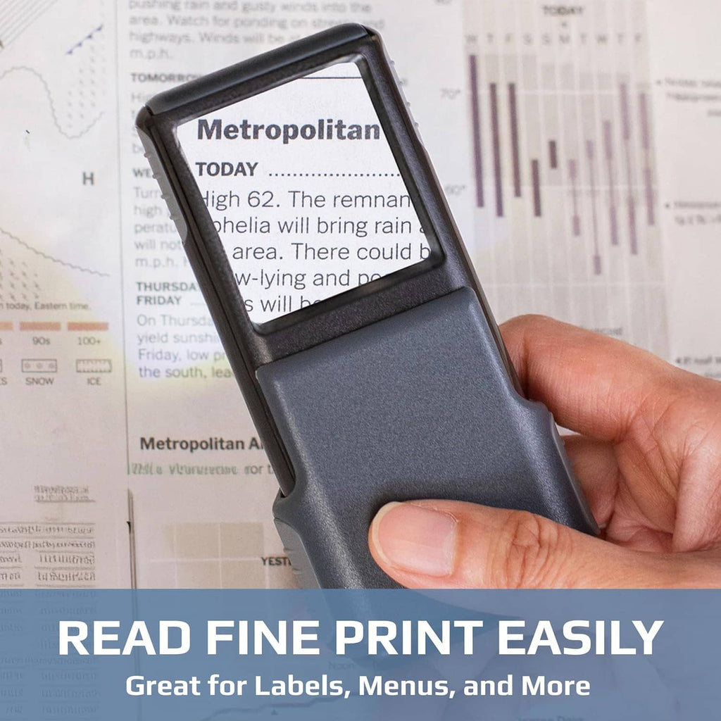 LED lighted slide-out magnifier with dark protective sleeve, held in hand