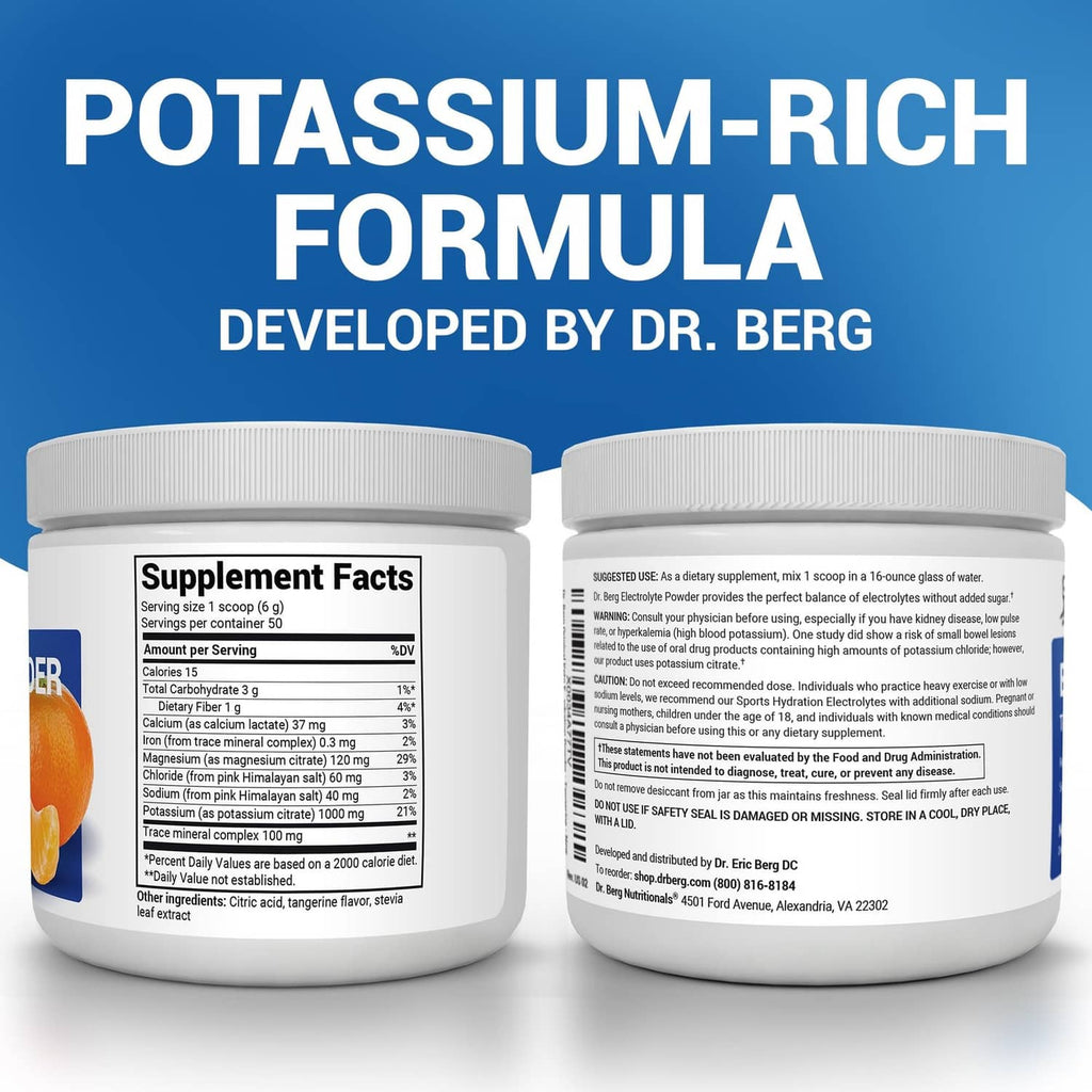 Dr. Berg electrolyte powder jar showing supplement facts panel on the back, white container