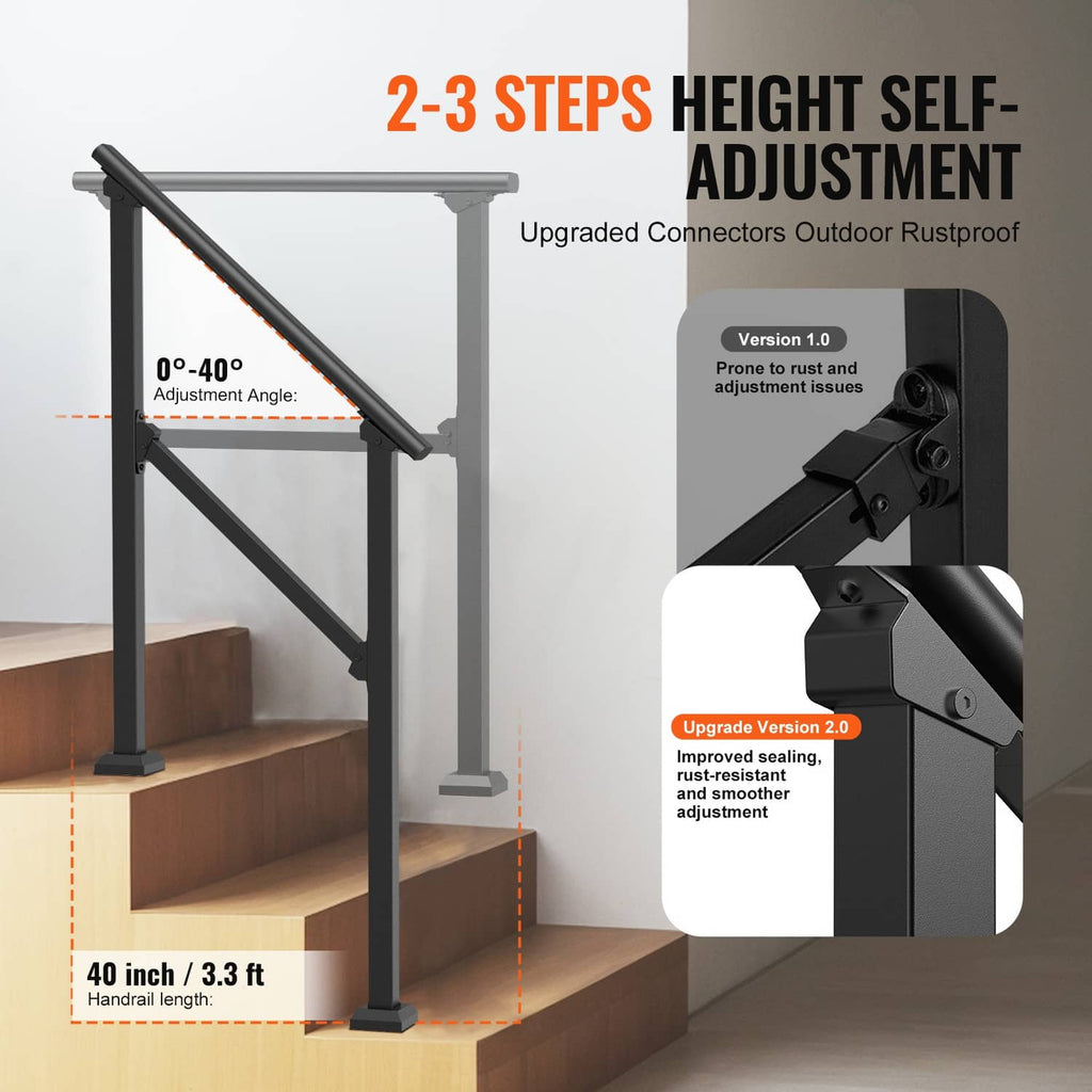 Black adjustable outdoor stair handrail for 2–3 steps with angled connectors