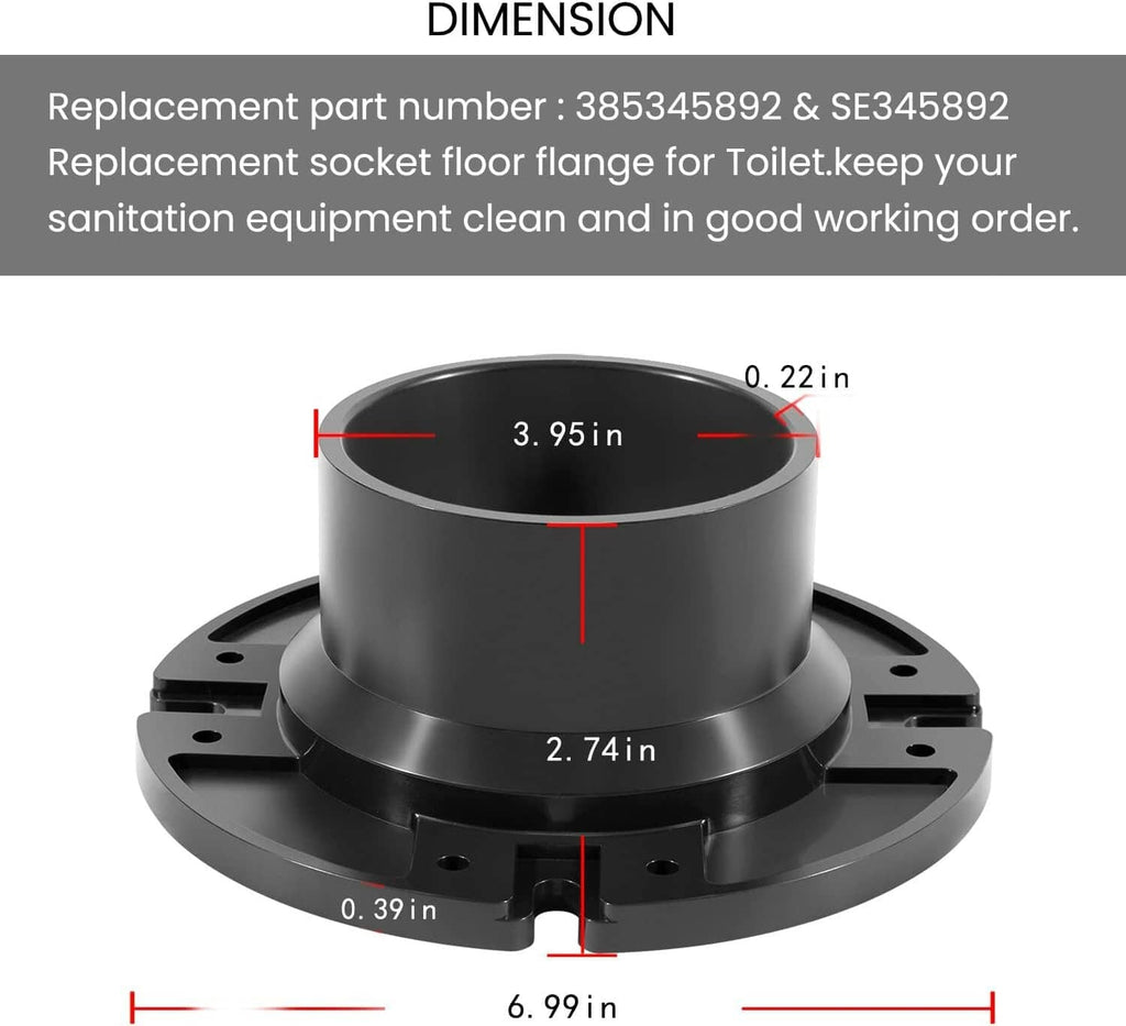 Black toilet floor flange with circular opening and evenly spaced mounting holes
