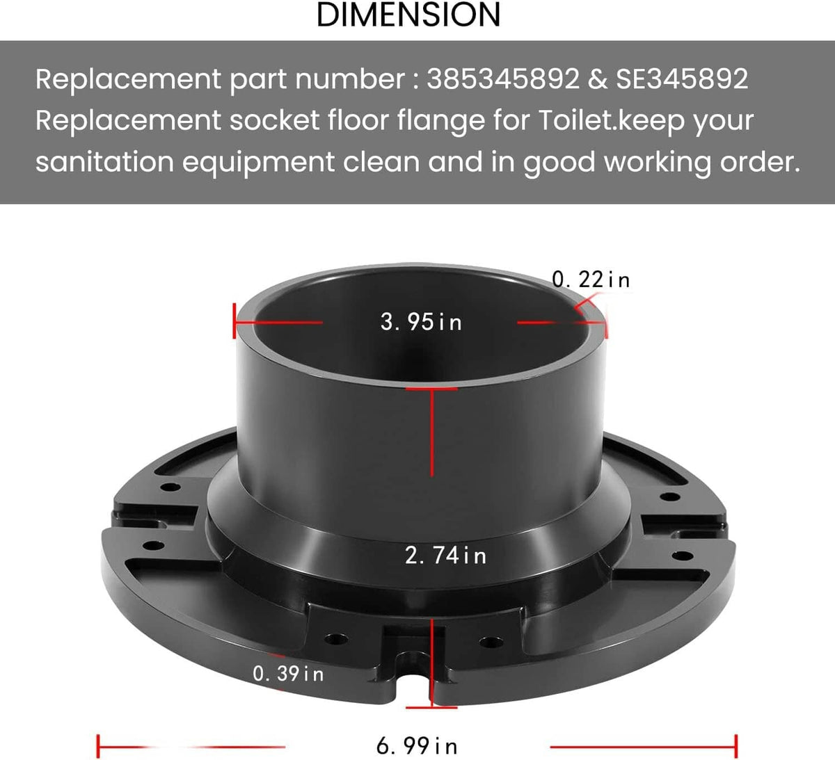 Black toilet floor flange with circular opening and evenly spaced mounting holes
