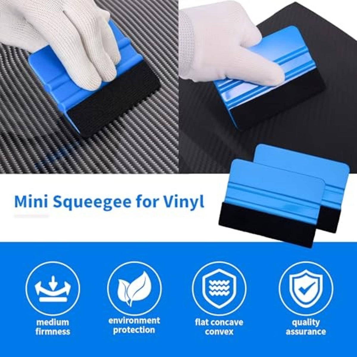 Vinyl wrap squeegee mini tool with blue body and black felt edge, held in hand