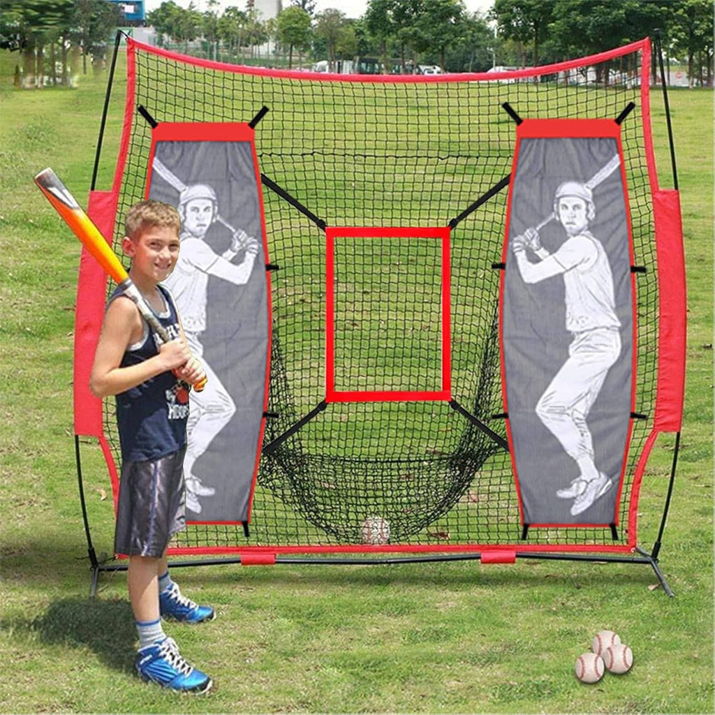 Baseball pitching training net with red frame, gray batter panels, and central net target