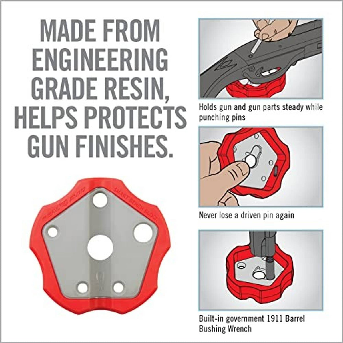 Red engineering resin gun block with mounting holes and steadying base