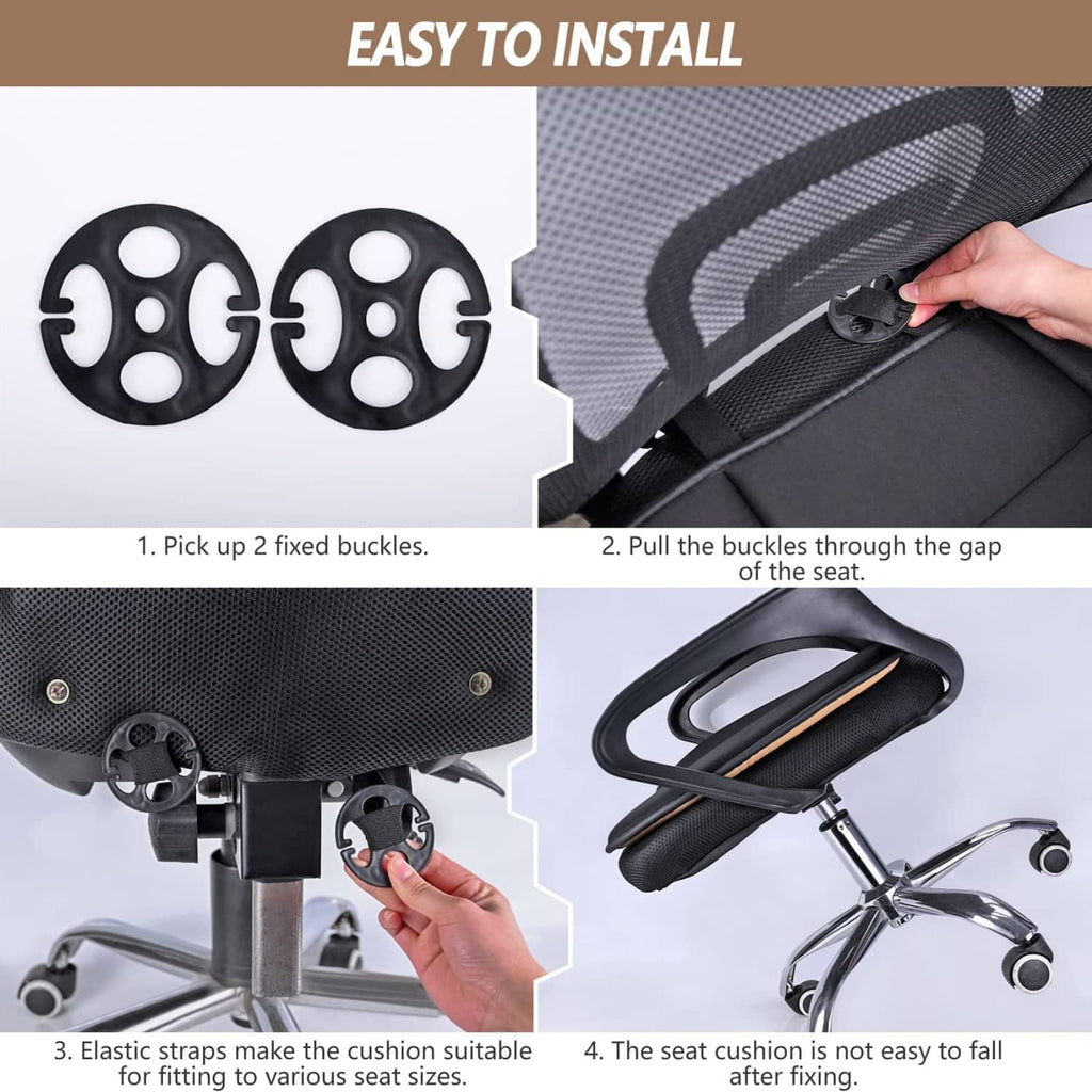 Black seat cushion with straps and buckles for installation on car or chair seats
