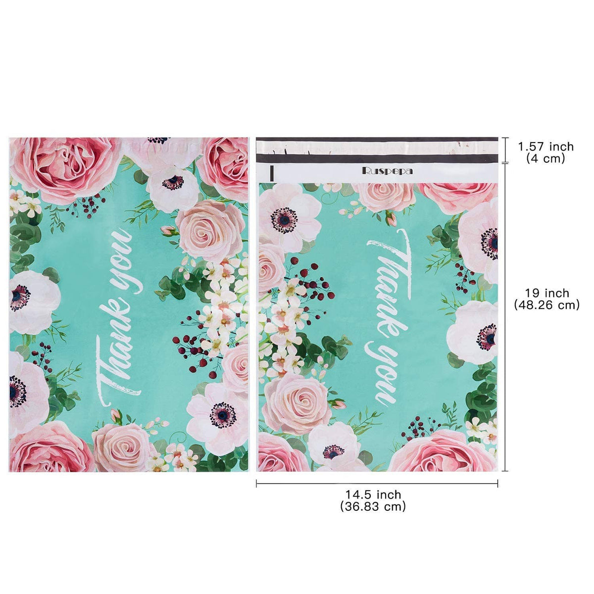 Turquoise floral poly mailer dimensions 14.5 x 19 in with thank you design