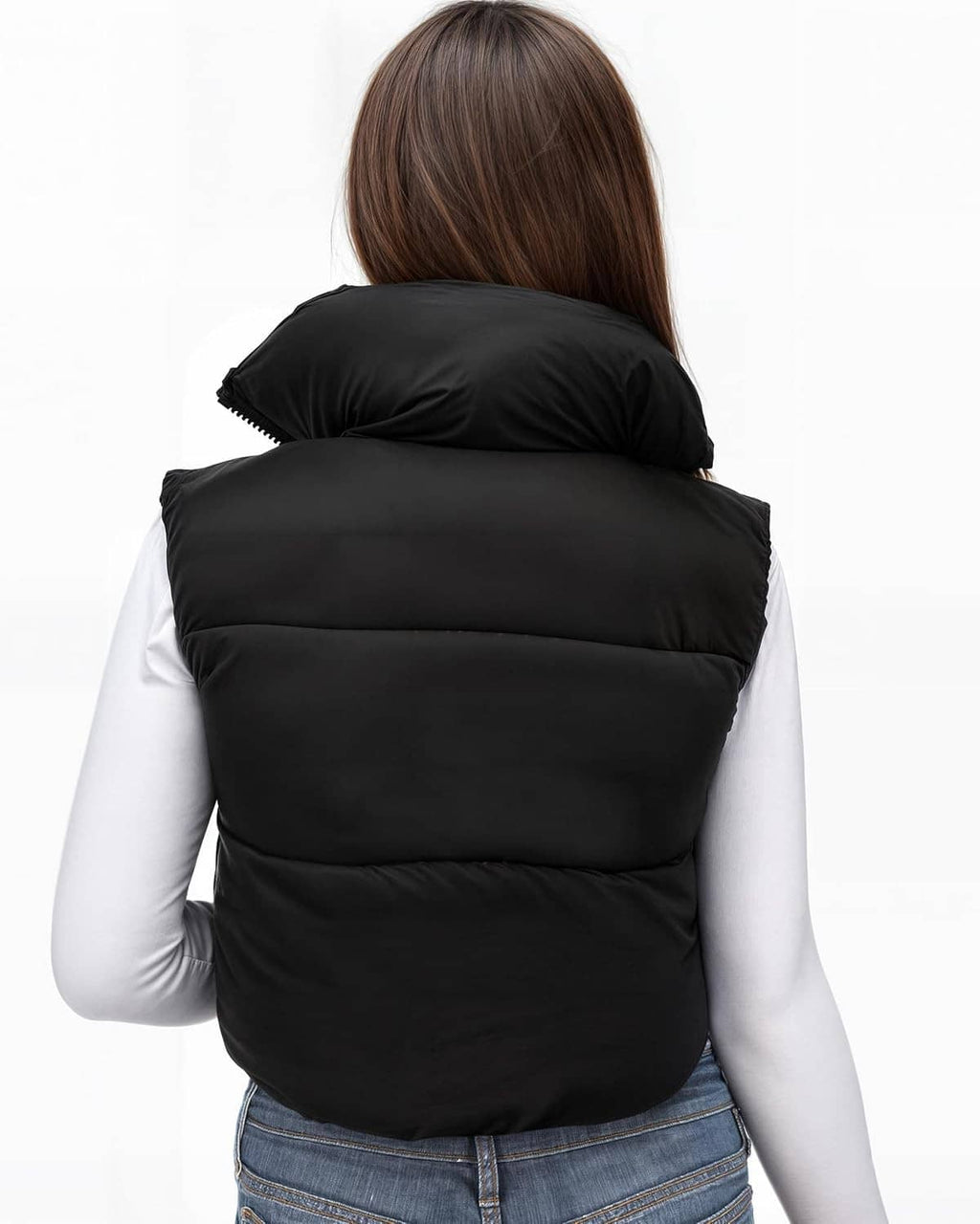 Women's cropped black puffer vest back view with stand collar and horizontal quilted baffles.
