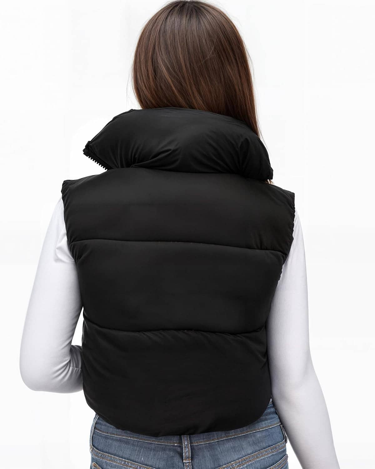 Women's cropped black puffer vest back view with stand collar and horizontal quilted baffles.